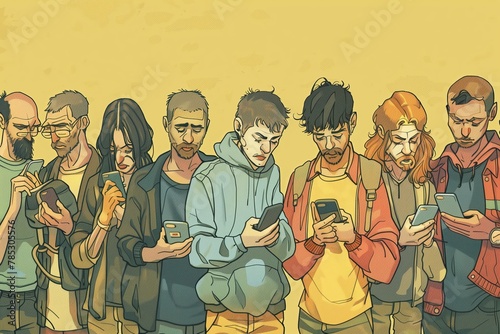 Group of people looking at their phones. Comic book style illustration