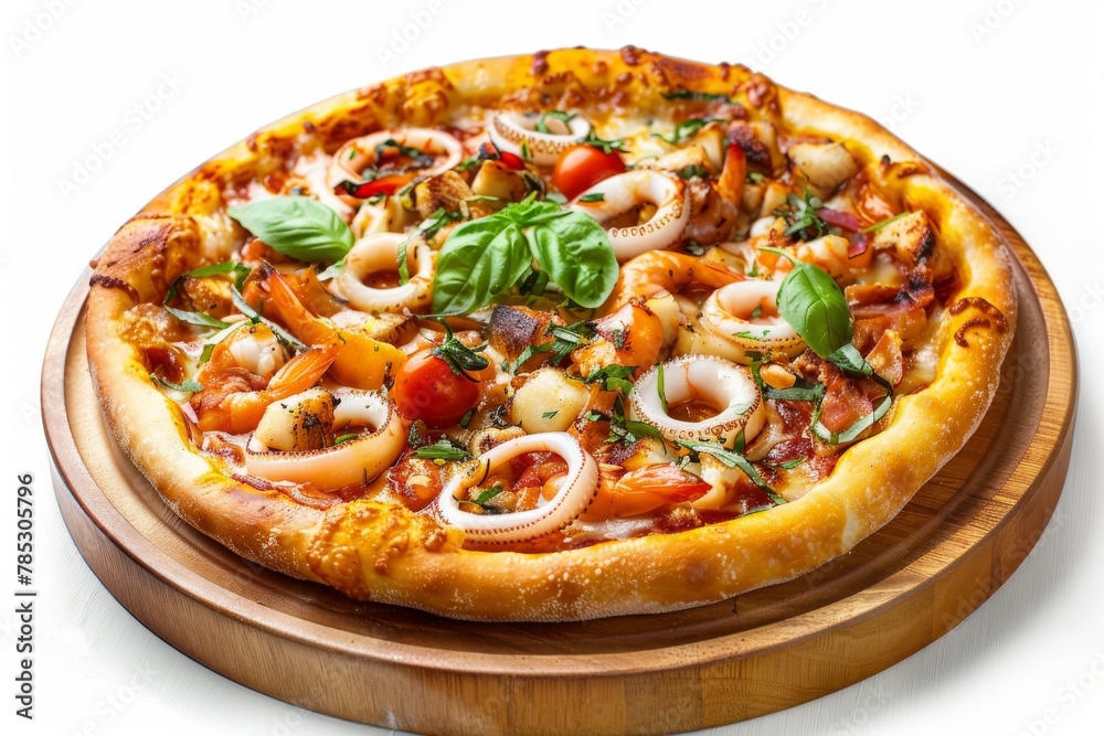 Hot Seafood Pizza, Fried Yeasted Flatbread with Squid Rings and Red Fish, Salmon or Trout Fillets
