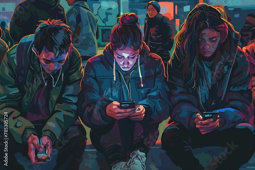 Illustration of young people sitting and looking at their phones checking social media
