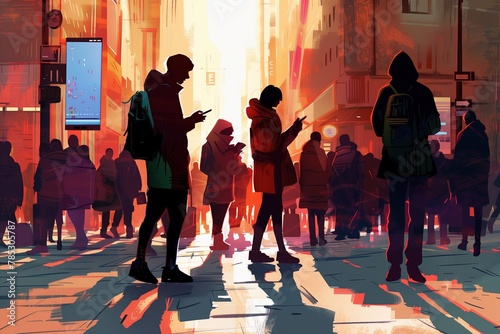 illustration of people walking on the street, all looking at their phones, in a city scene
