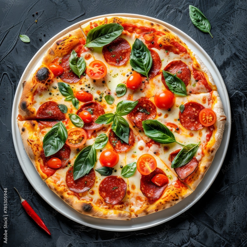 Pepperoni Pizza, Traditional Italian Diabolo Pizza Flatbread with Salami, Chili Pepper, Mozzarella