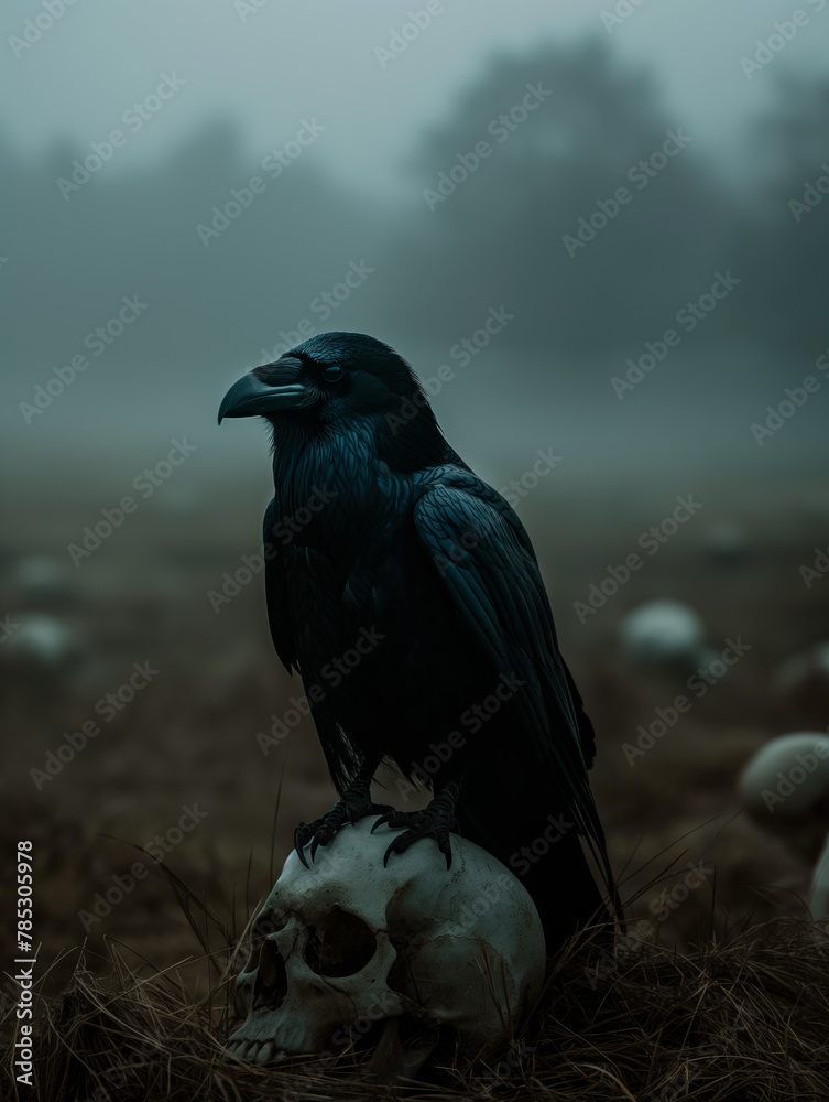 Naklejka premium Raven with skull in a foggy field