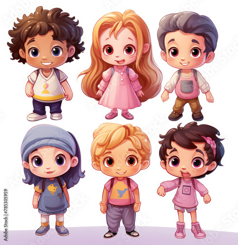 Set of 3d preschoolers children teenagers characters in different poses, clothes, wear. Group of little children on white transparent background. Clip art design. 3d and flat illustration design.  photo