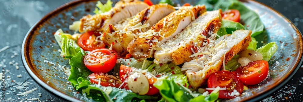 Caesar Salad with Roasted Chicken Breast, Croutons, Cherry Tomatoes and Grated Parmesan Cheese Caesar Salad with Roasted Chicken Breast, Croutons, Cherry Tomatoes and Grated Parmesan Cheese