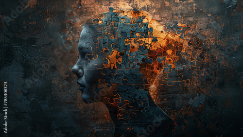 Complexities of Brain Disorders: Jigsaw Puzzle Overlay on Human Head Representing Mental Health Issues