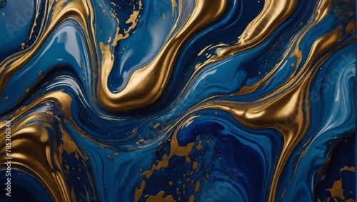 Abstract paint background with sapphire blue and antique gold colors, exhibiting liquid fluid texture in luxury concept.