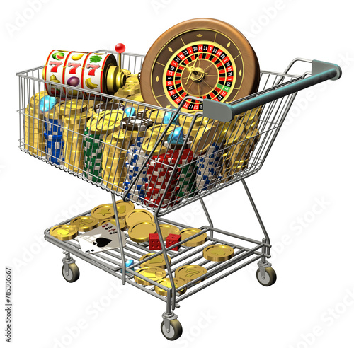 A supermarket shopping trolley filled to the brim with casino game elements, including a roulette wheel surrounded by stacks of poker chips and golden coins, playing cards, and a slot reel. 3D render photo