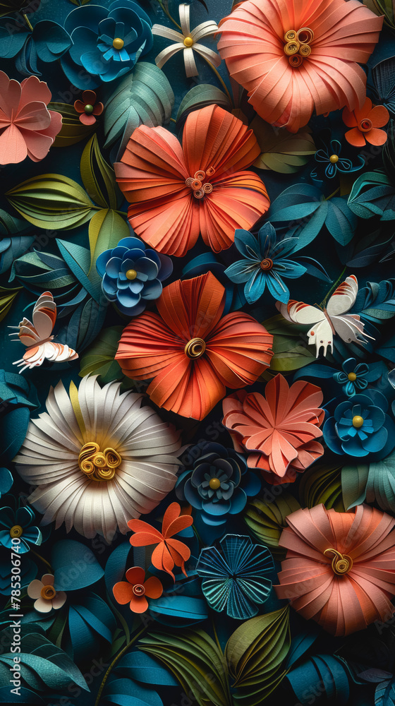 Abstract art background with colorful paper flowers and butterflies. Abstract art background with colorful paper flowers and butterflies.