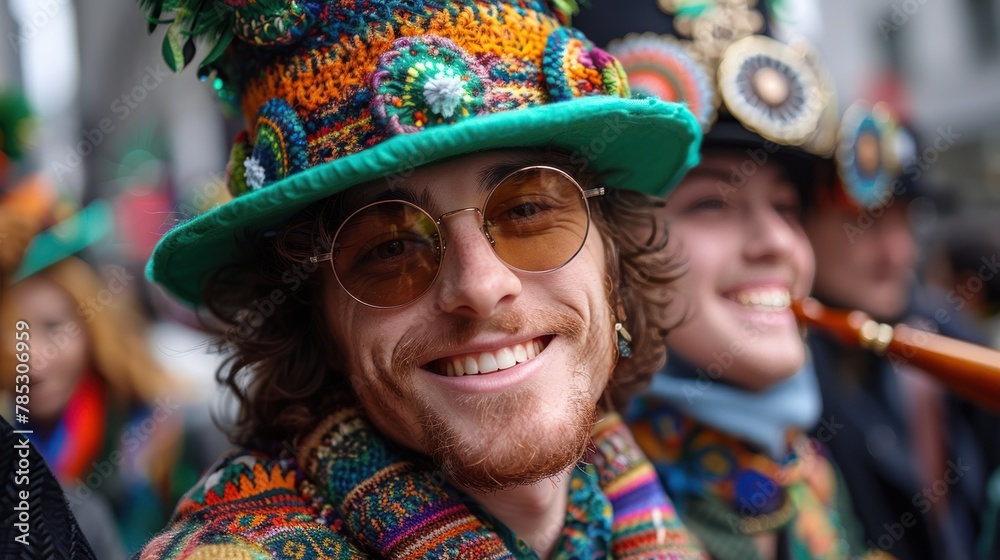 Obraz premium saint Patrick's Day Parade: Lively images of green-clad parade participants, Irish dancers, bagpipers, and shamrock decorations during Saint Patrick's Day celebrations in cities like Dublin, New York,
