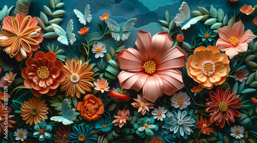 Abstract art background with colorful paper flowers and butterflies.