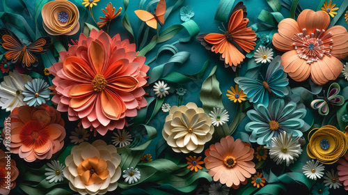 Abstract art background with colorful paper flowers and butterflies. © puhimec