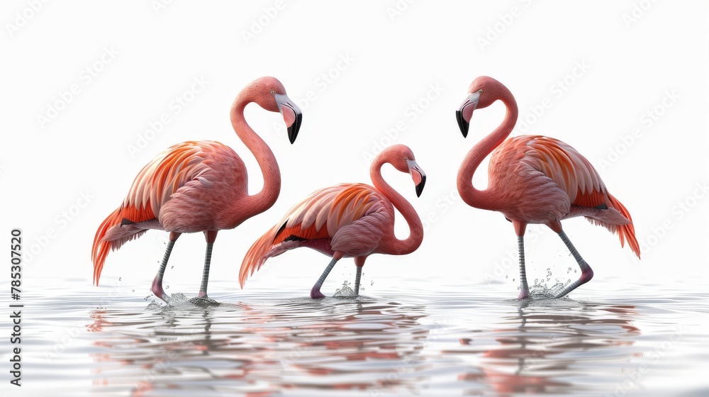 Three flamingos are walking in the water