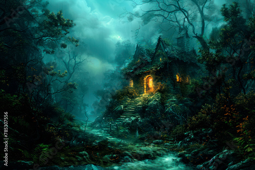 Witch house in mysterious dark forest  fantasy. AI generative