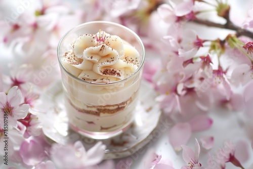 Soft focus captures the romantic charm of Sakura tiramisu with edible blooms.