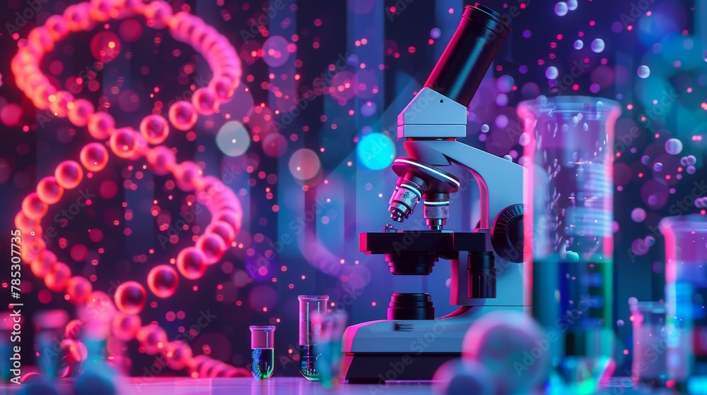 A microscope is set up with a DNA strand and a few test tubes