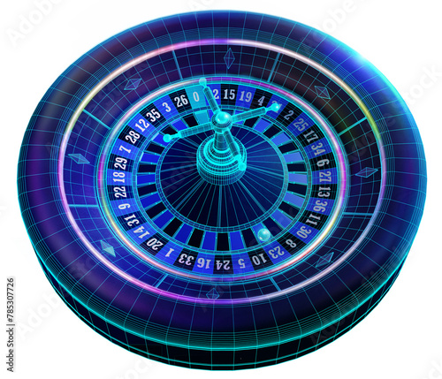 A blue wireframe display of a casino roulette wheel, an iconic symbol of chance and fortune. 3D illustration