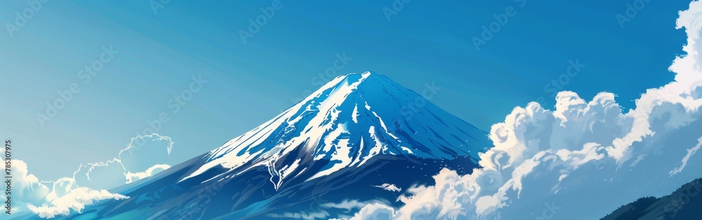 A mountain with a snow covered peak and a blue sky in the background