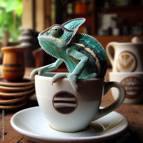 A chameleon over a cup of coffee