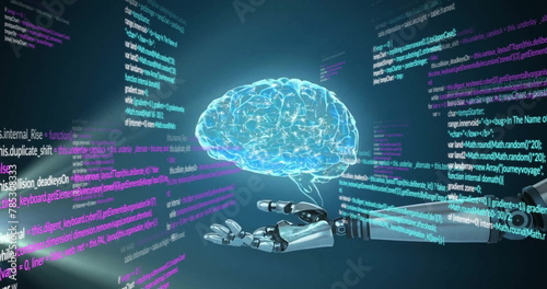 Image of human brain, robot's arm and data processing over dark background