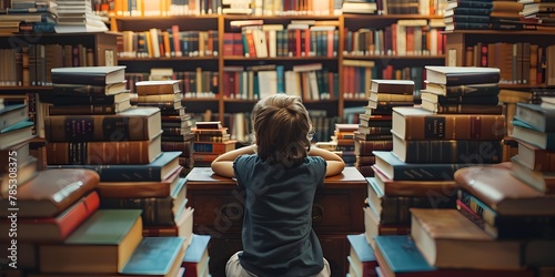 Studious Kid Surrounded by Vast Archives and Bookshelves in Cozy Library Interior photo