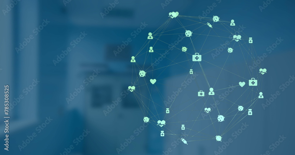 Image of network of connection with interface medical icons on a blue background