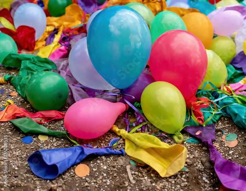 Colorful balloons and confetti on the ground after  a carnival or birthday party photo