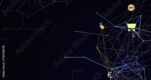 Image of web of connections with icons floating on a black background photo