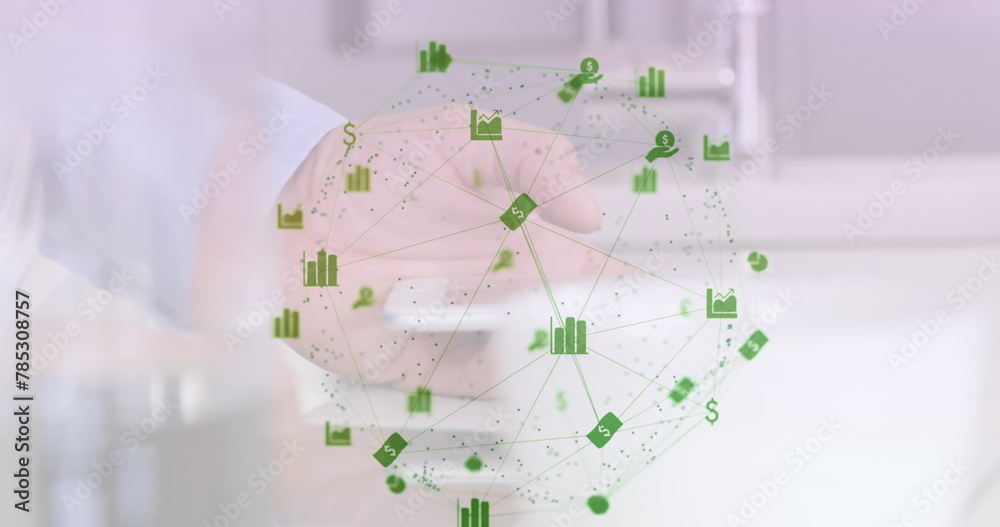 Image of web of connections with icons floating over caucasian man using a smartphone Image of web of connections with icons floating over caucasian man using a smartphone