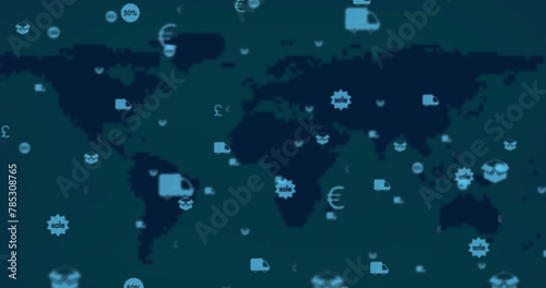 Image of web of connections with icons floating over a world map on a dark background