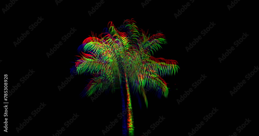 Obraz premium Digital image of a colorful palm tree moving against a black backgroud