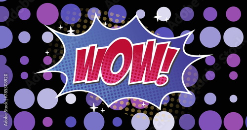 Image of wow text on retro speech bubble over purple spots on black background