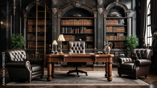 library room with a large desk and a bookcase