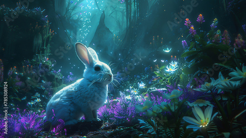 Intergalactic Hares exploring an alien jungle, exotic plants, bioluminescence
