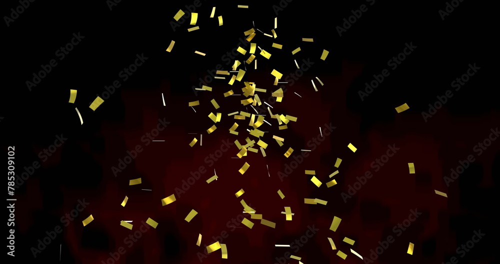 Image of gold confetti floating over red and black background Image of gold confetti floating over red and black background