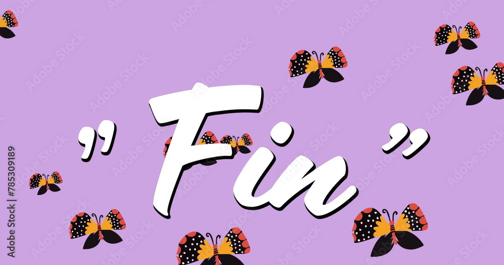 Obraz premium Digital image of fin text against multiple butterfly icons floating on purple background