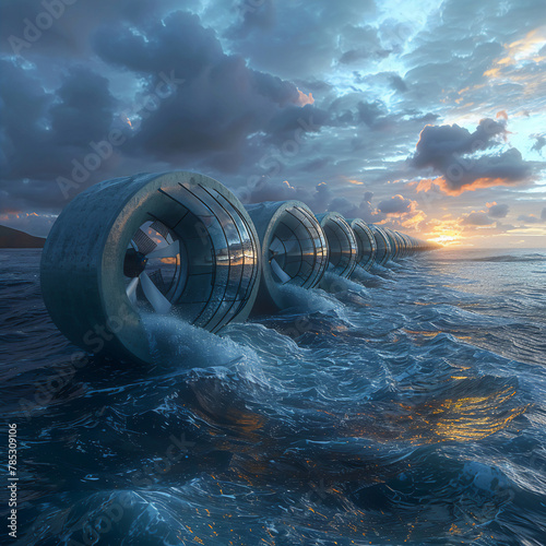 Tidal power generators at the sea edge, harnessing the ocean perpetual motion