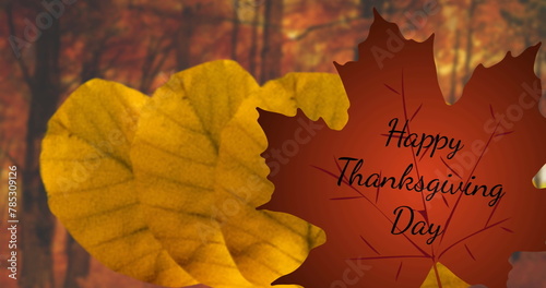 Image of happy thanksgiving day text over red and orange autumn leaves in park