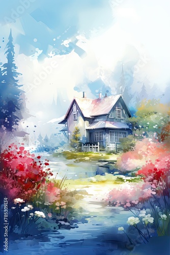Colorful Spring Flowers Surrounding a Small Bungalow House in the Forest Abstract Watercolor Illustration Landscape Background