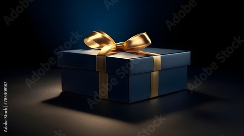 A blue gift box with a golden ribbon