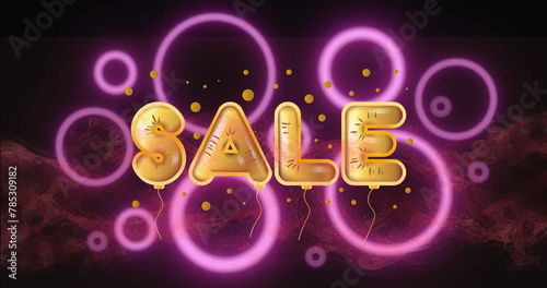 Digital image of sale text golden foil balloons over neon circular shapes against diigtal waves
