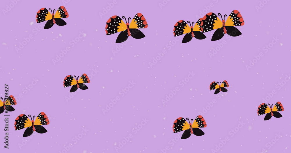 Naklejka premium Digital image of multiple butterfly icons and white particles floating against purple background