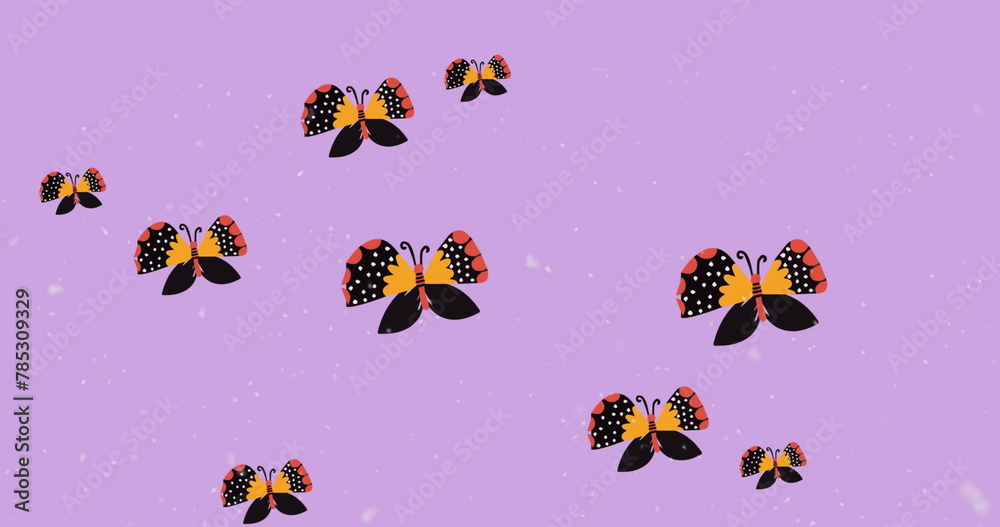 Obraz premium Digital image of multiple butterfly icons and white particles floating against purple background