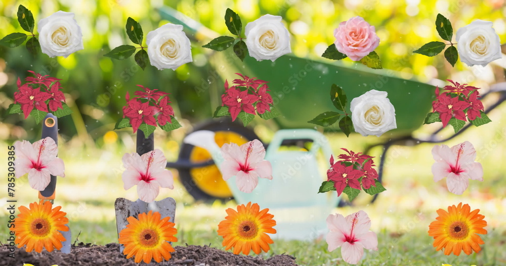 Fototapeta premium Multiple colorful flowers icons in seamless pattern floating against garden in background
