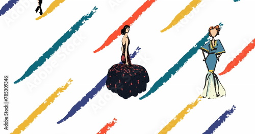 Image of fashion drawings of women's outfits over colourful lines on white background