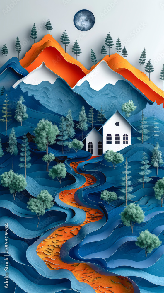 Paper cut landscape with house on the hill in the mountains.