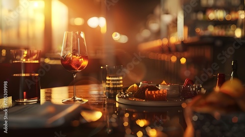 A table set with wine glasses and food
