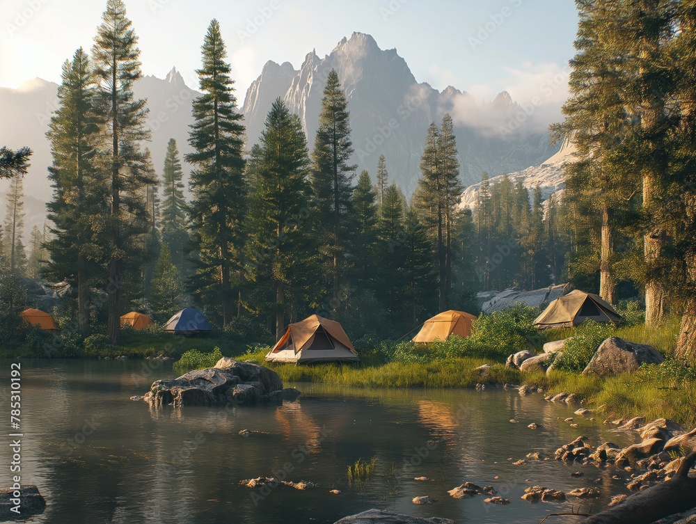 A group of tents are set up in a forest near a lake. The scene is peaceful and serene, with the tents and trees creating a cozy atmosphere