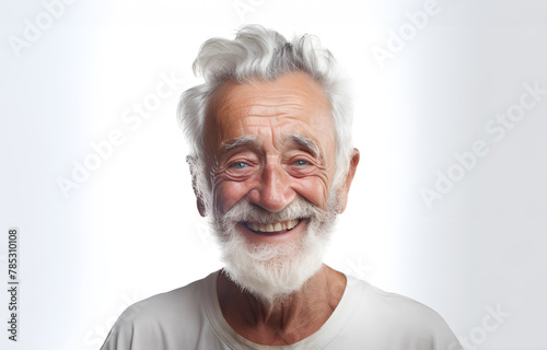 Portrait of cheerful smiling elderly bearded male against white background