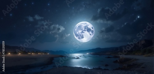 Full moon over the sea at night. Seascape with a full moon. capture loneliness  © ASGraphicsB24