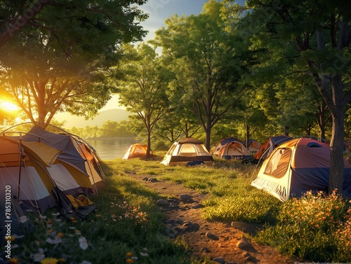 A group of tents are set up in a forest, with a river nearby. The scene is peaceful and serene, with the sun shining through the trees